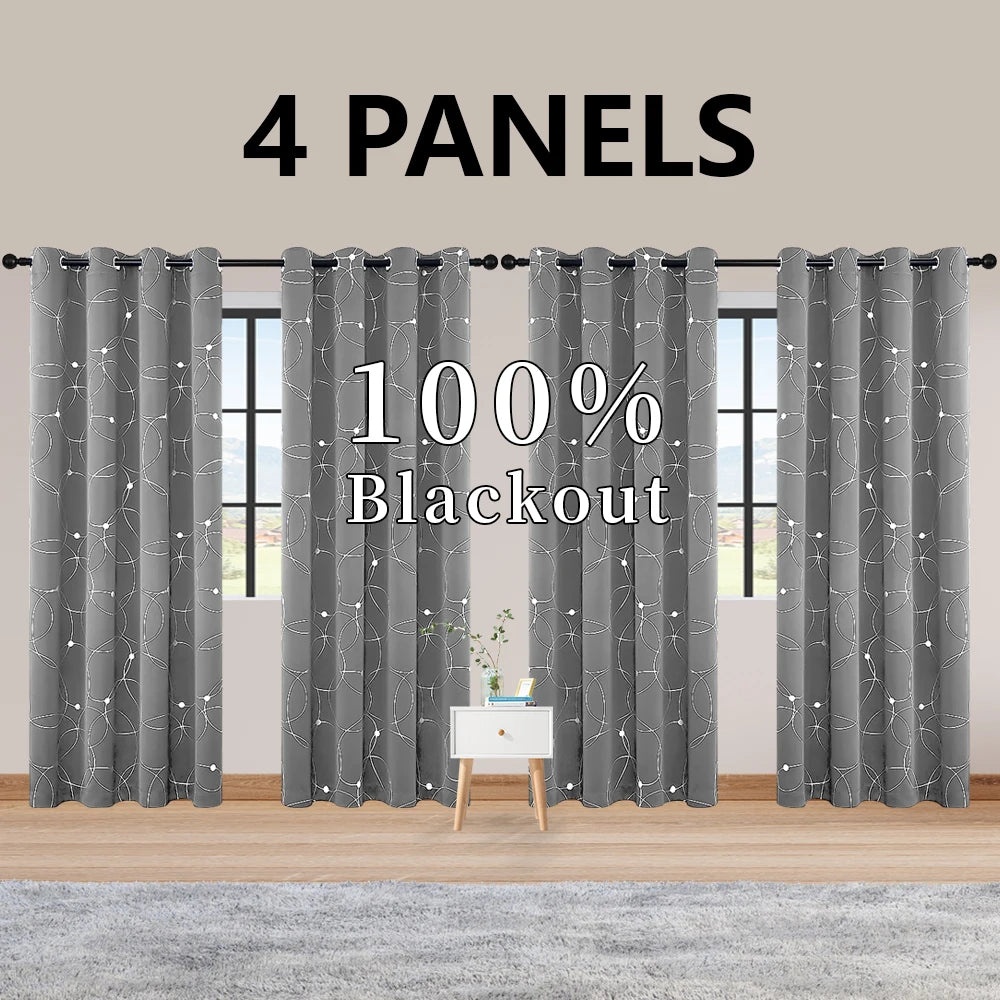 Room Darkening Blackout Curtains With Grommet And Foil Pattern
