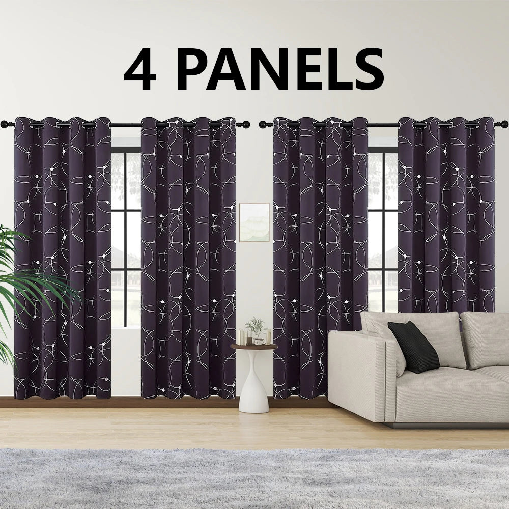 Room Darkening Blackout Curtains With Grommet And Foil Pattern