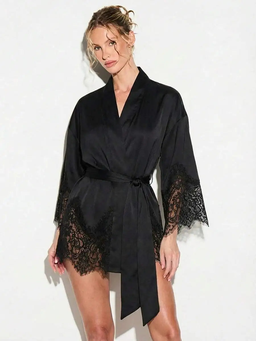 Silky Satin Kimono Night Robe With Lace Trim Belted Wrap