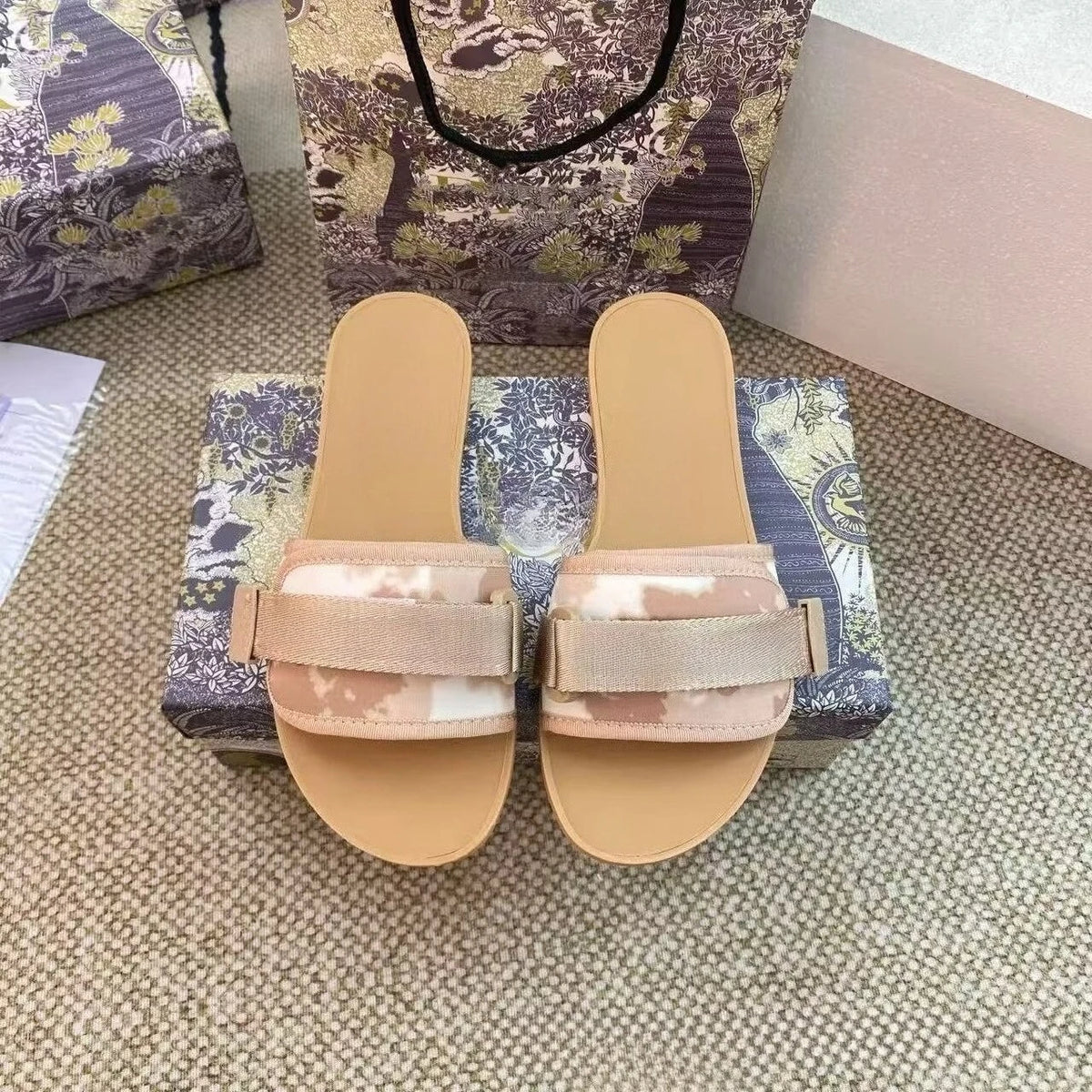 Womens Jacquard Embroidered Flat Slippers Single Strap Sandals