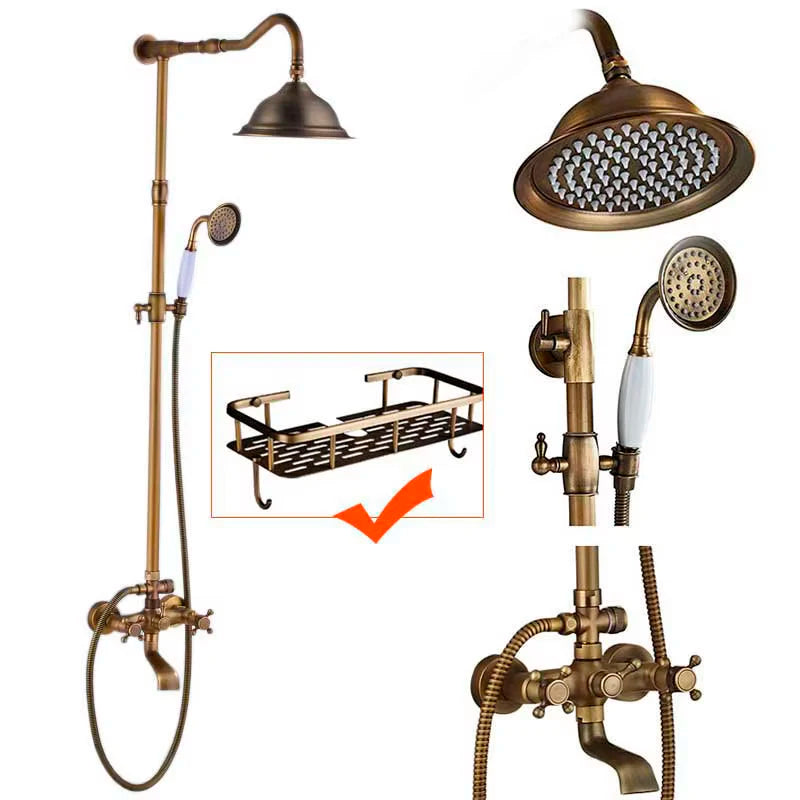 Suguword Antique Brass Wall Mount Bathtub Shower Faucet Set Handheld