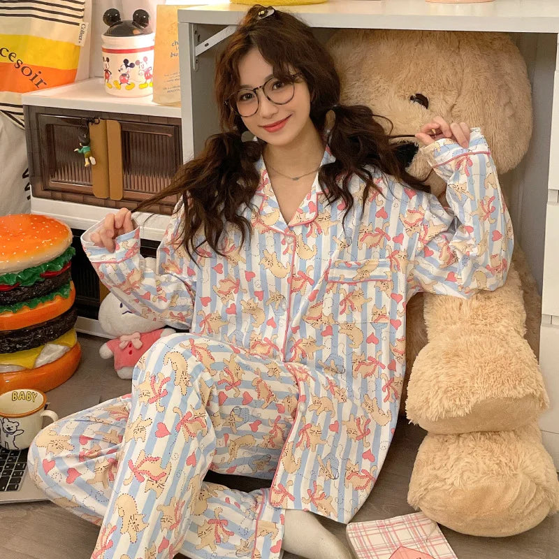 Korean Style Womens Long Sleeve Pajama Set Autumn Homewear