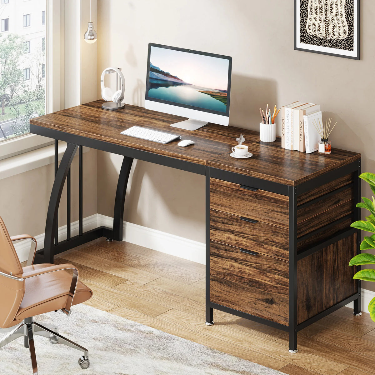 Tribesigns Computer Desk With Three Drawers Home Office Writing Workstation