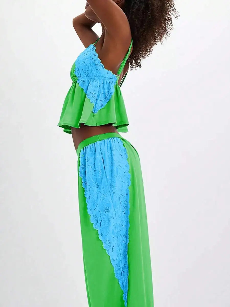 Womens Satin Lace Pajama Set Spaghetti Strap Cami Top