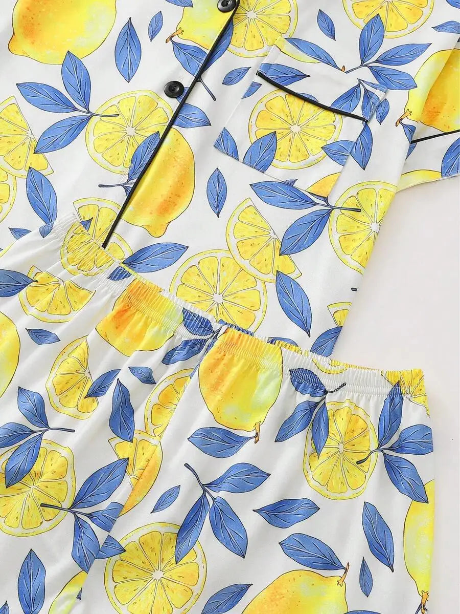 Women Lemon Print Pajama Set With Collared Short Sleeve Top
