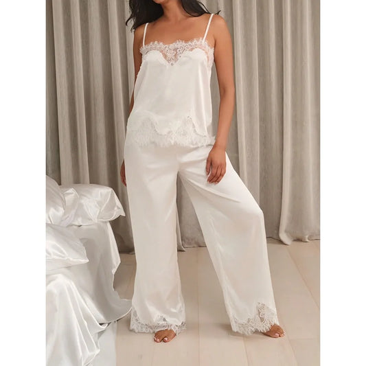 Women 2 Piece Lace Satin Lounge Set Spaghetti Strap Top
