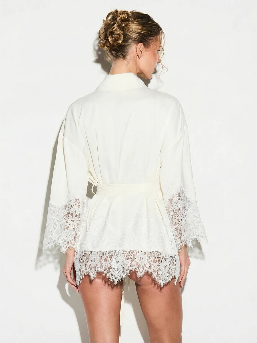 Silky Satin Kimono Night Robe With Lace Trim Belted Wrap