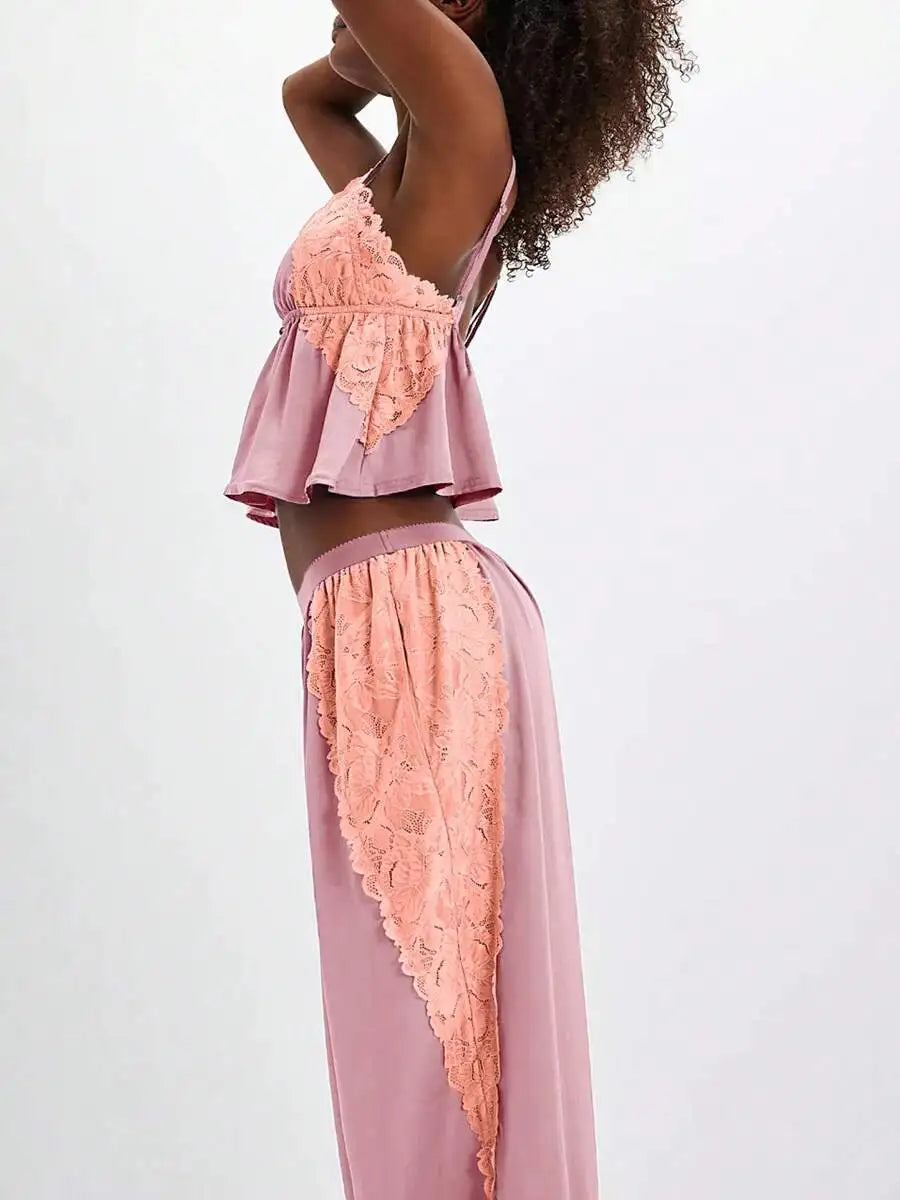 Womens Satin Lace Pajama Set Spaghetti Strap Cami Top