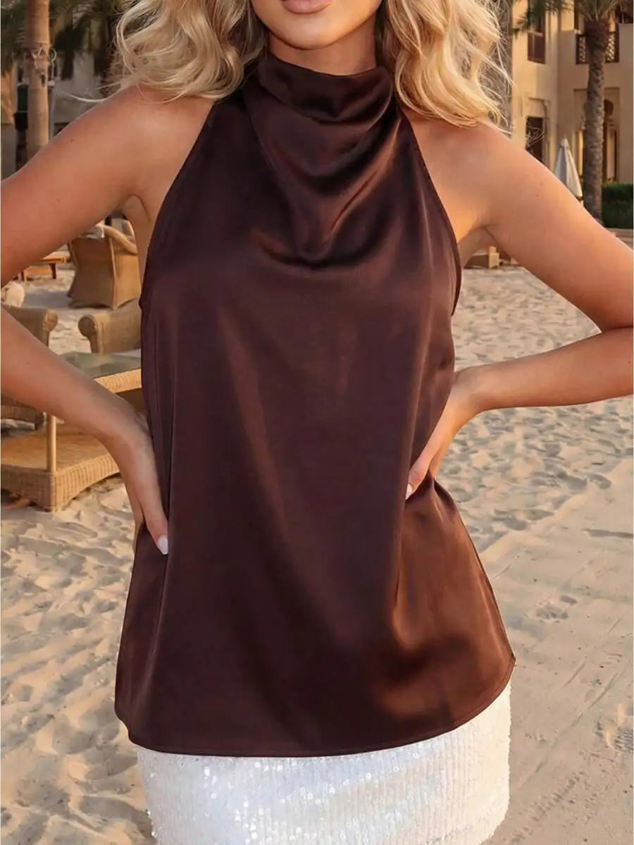 Satin Halter Neck Sleeveless Blouse With Cowl Neck Silky Fabric