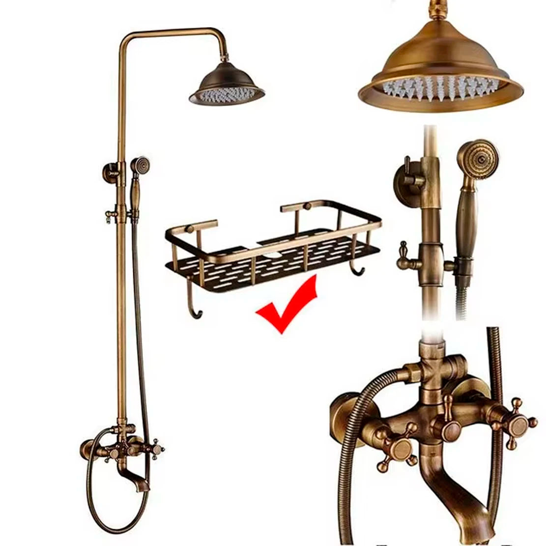 Suguword Antique Brass Wall Mount Bathtub Shower Faucet Set Handheld