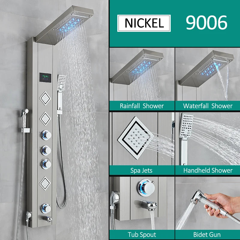 Quyanre LED Shower Panel With Rain Waterfall And Massage Jets