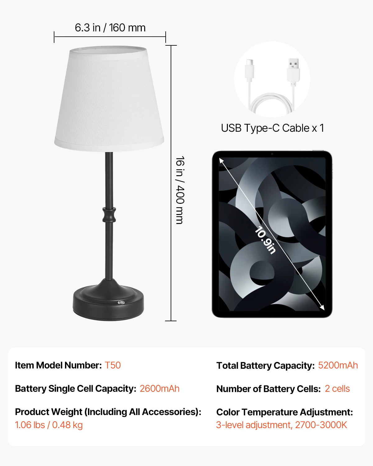 SucceBuy Cordless Rechargeable Desk Lamp With Adjustable Brightness