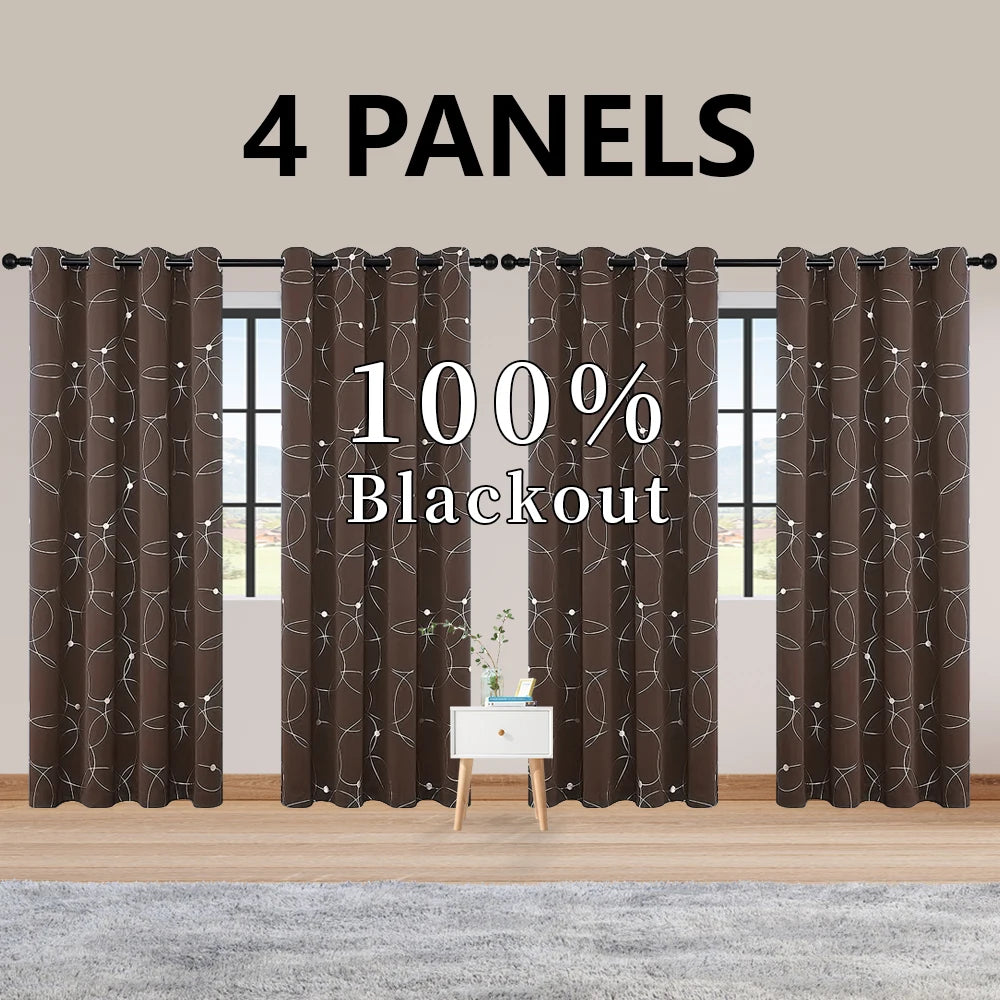 Room Darkening Blackout Curtains With Grommet And Foil Pattern