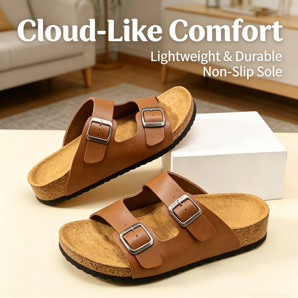 Unisex Cork Slippers And Beach Sandals With Two Buckle Straps