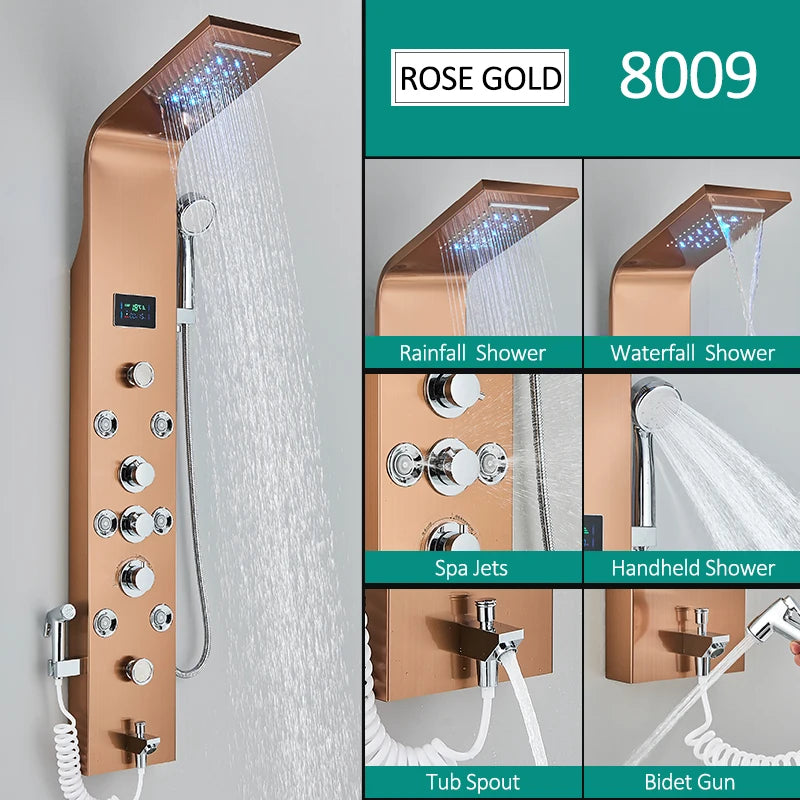Quyanre LED Shower Panel With Rain Waterfall And Massage Jets