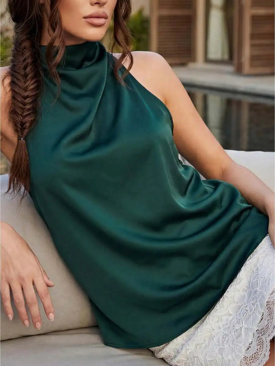 Satin Halter Neck Sleeveless Blouse With Cowl Neck Silky Fabric