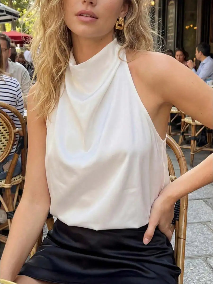 Satin Halter Neck Sleeveless Blouse With Cowl Neck Silky Fabric