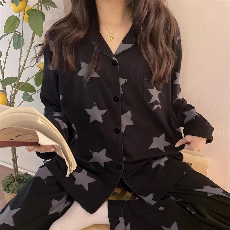Korean Style Womens Long Sleeve Pajama Set Autumn Homewear