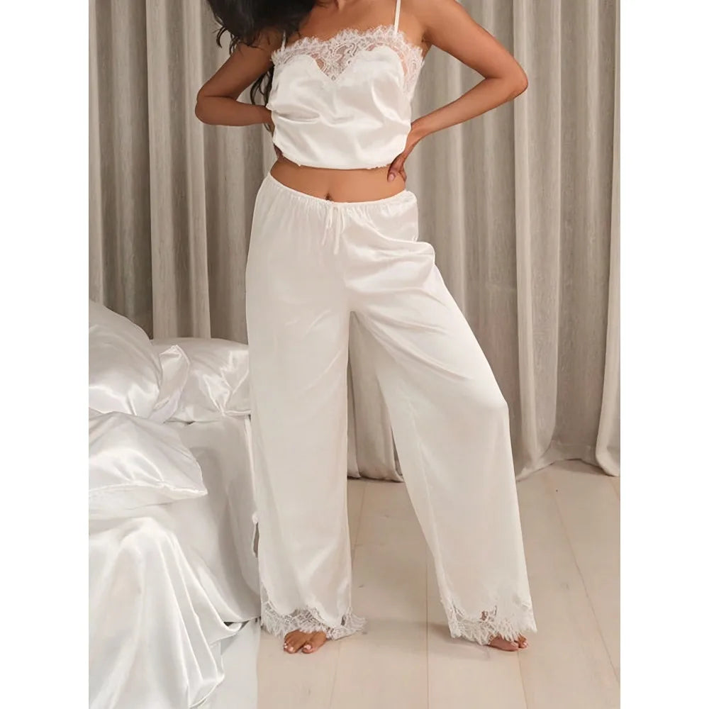 Women 2 Piece Lace Satin Lounge Set Spaghetti Strap Top