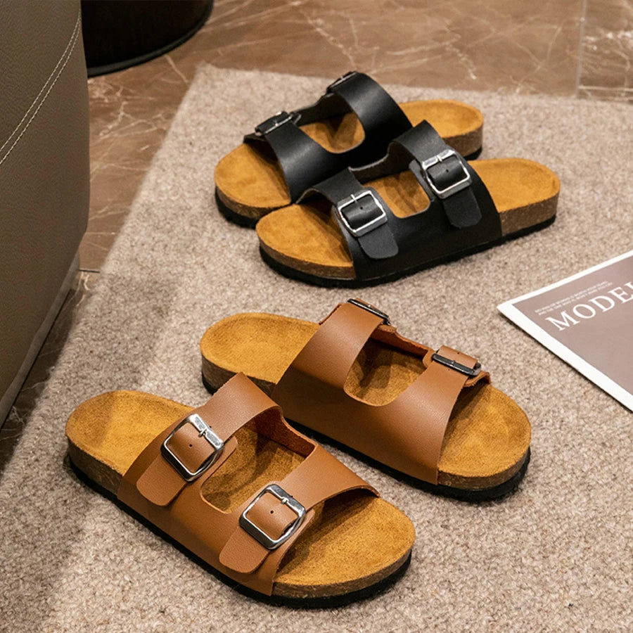 Unisex Cork Slippers And Beach Sandals With Two Buckle Straps