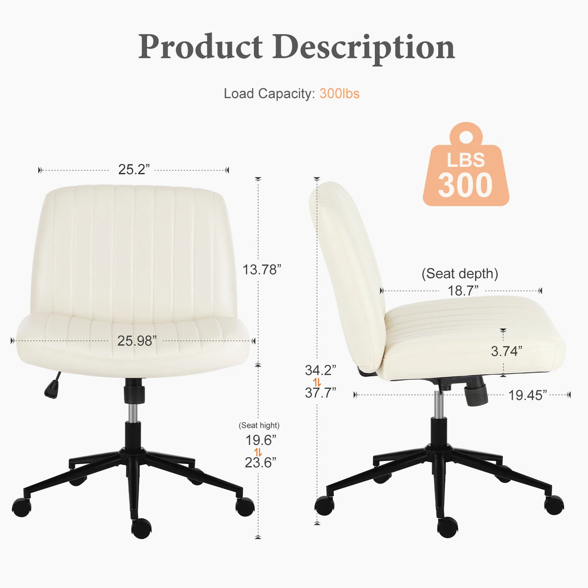 JHK Armless PU Leather Swivel Chair Height Adjustable Office Furniture