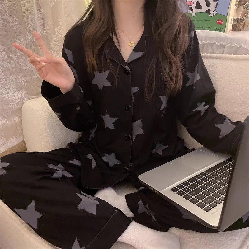 Korean Style Womens Long Sleeve Pajama Set Autumn Homewear