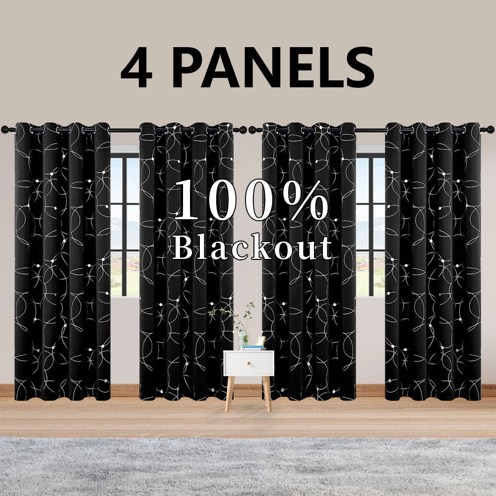 Room Darkening Blackout Curtains With Grommet And Foil Pattern