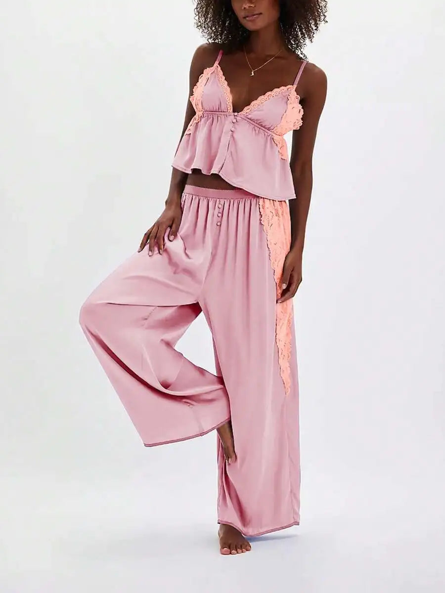 Womens Satin Lace Pajama Set Spaghetti Strap Cami Top