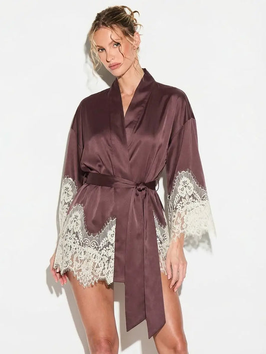 Silky Satin Kimono Night Robe With Lace Trim Belted Wrap