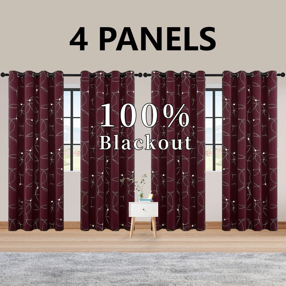 Room Darkening Blackout Curtains With Grommet And Foil Pattern